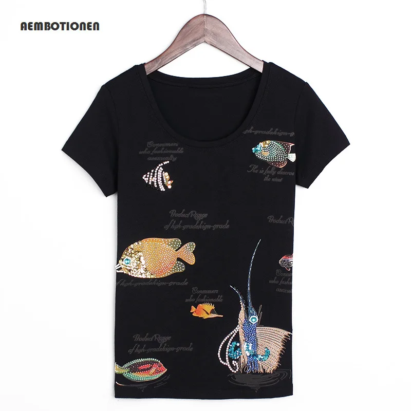 

Women 2017 Summer Short Sleeve sequined billfishes sea world Print T shirts Fashion slim White Top Tees Women Designer Clothing