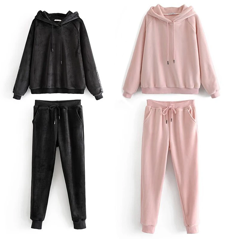 

Women Velvet Autumn Black Pink Two Piece Set Clothes Casual Harajuku Hooded Sweatshirts Adjustable Soft Pants conjunto feminino