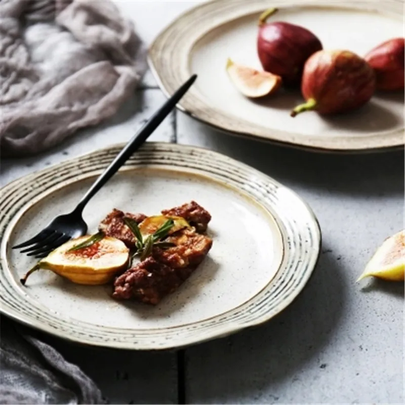 

NIMITIME Japanese Style Stoneware Irregular Embossed Western Steak Dish Breakfast Food Dinner Plate