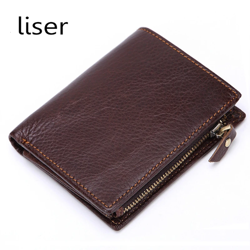 

Genuine Leather Men's Vertical Style Vintage Cowhide Short Zipper Money Wallets With Detachable Coin Pocket Perfect Card Holder