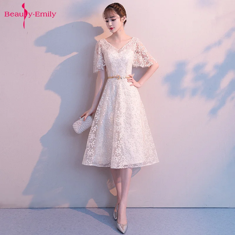 

Beauty Emily Middle V Neck Evening Dresses Special Party Half Sleeveless Lace Appliques Formal Gowns vestidos de fiesta de noche