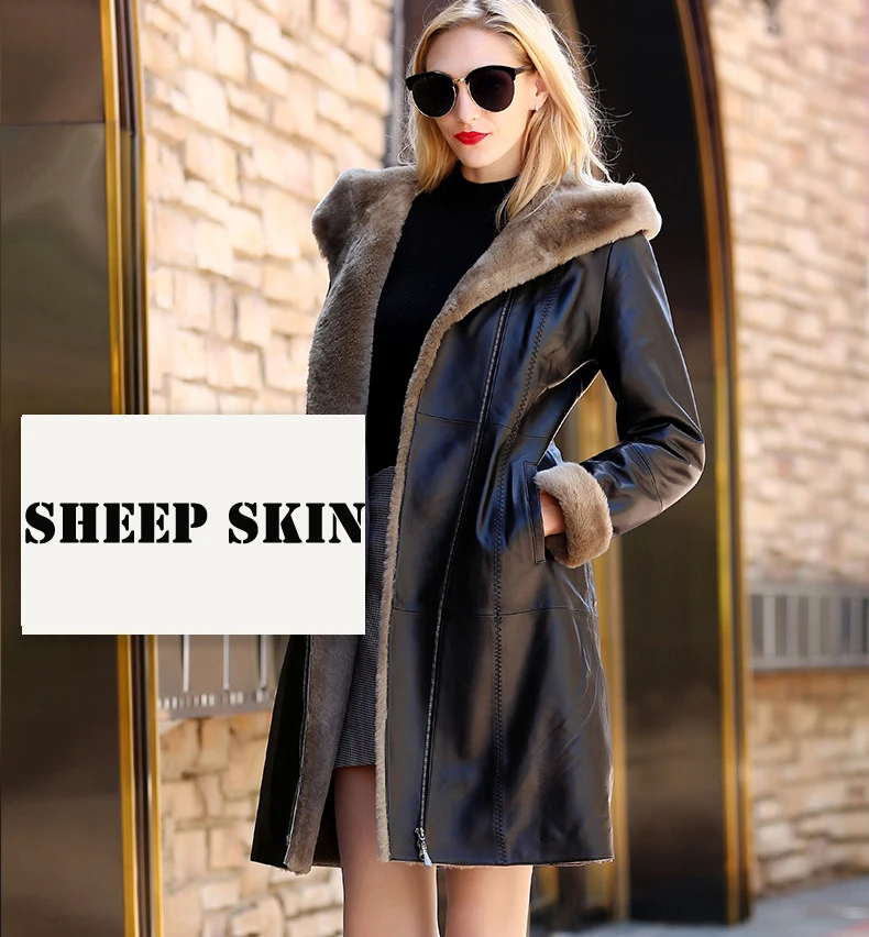 Зимнее женское модное длинное шерстяное пальто из натуральной кожи, худи на молнии, меховое Женское пальто из натуральной овчины, женская кожаная одежда