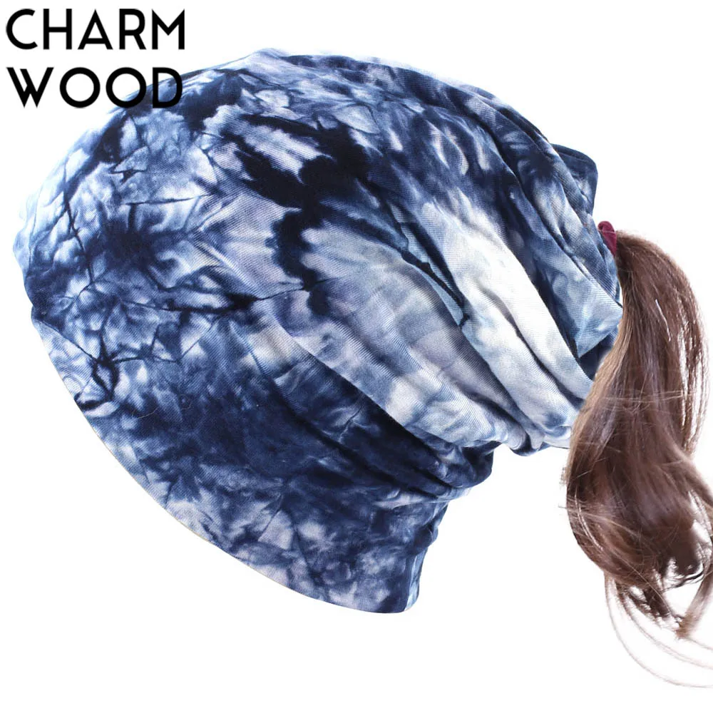 

Women's Ponytail Beanie Hat Autumn Tie Dye Cotton Slouchy Beanie for Women Soft Print Skullies Hat with Hole