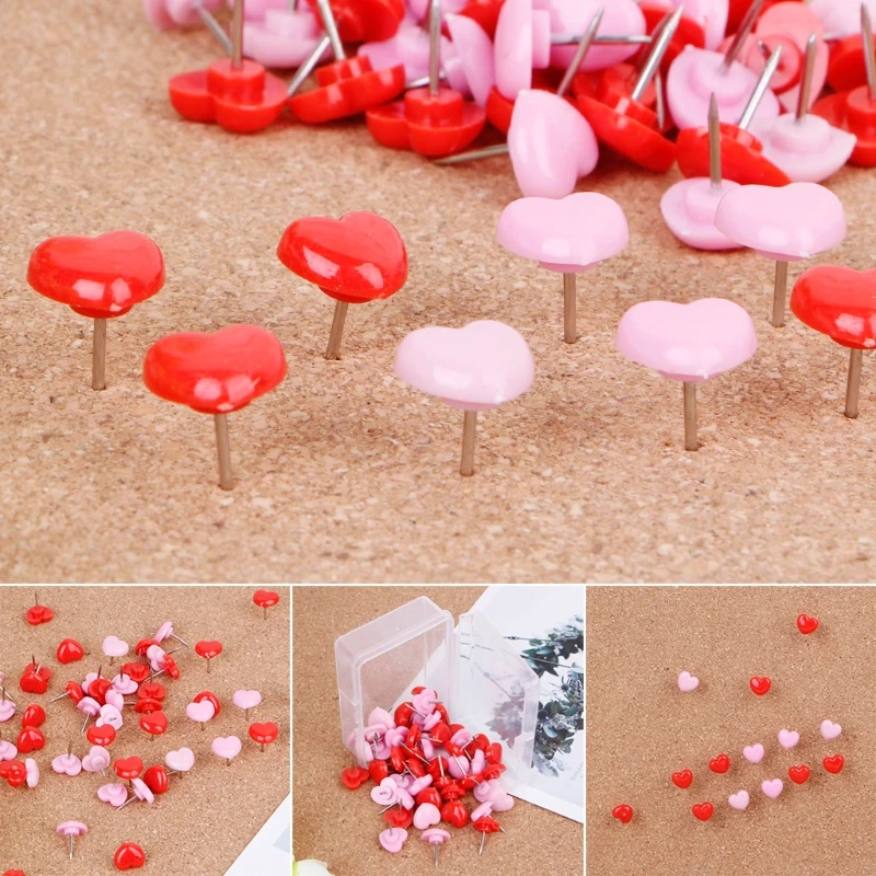 50 Pcs Heart Shape Plastic Quality Colored Push Pins Thumbtacks Office School