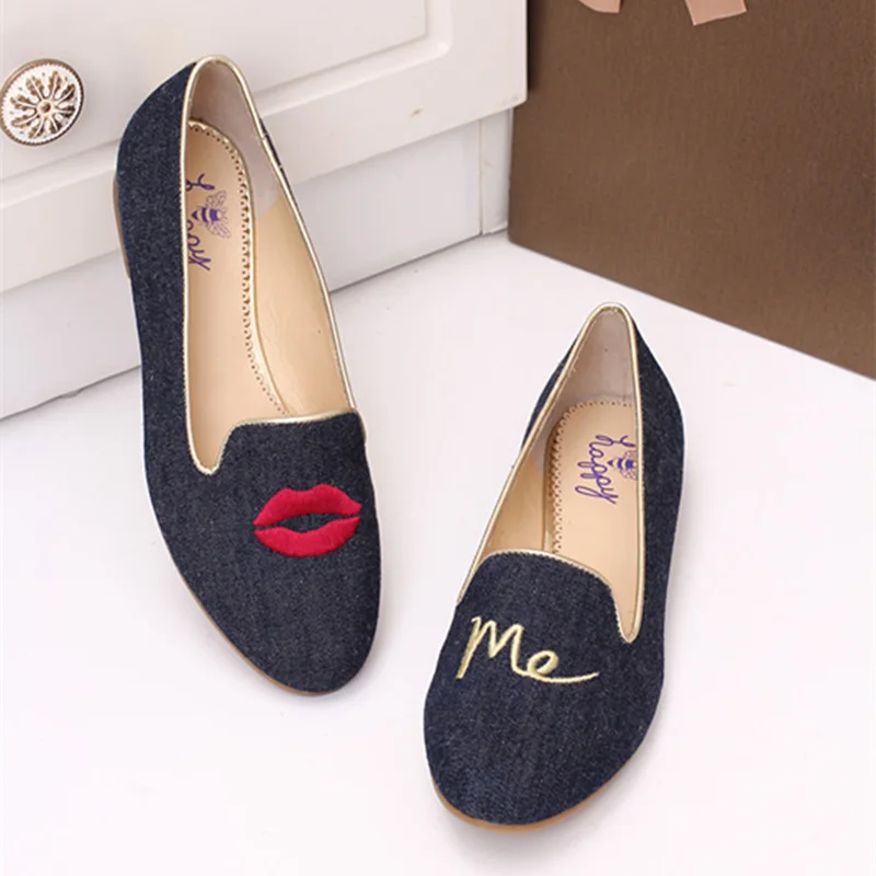 

women footwear shoes loafers Ladies flattie flat shoes embroider shoes fashion denim shoes round toe
