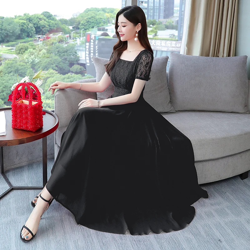 

Autumn Women Vintage Lace Dress Short Sleeve Square Collar Casual Chiffon Dress A-line Party Sundress Plus Size Vestidos