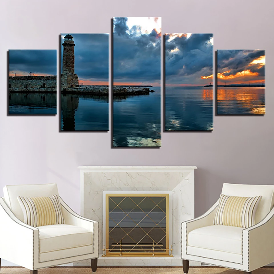 Frame Living Room HD Printed Painting 5 PiecePcs Sunset Lighthouse Sea View Modern Wall Art Pictures Home Decoration Posters