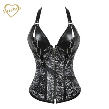 

Sliver Zipper Steampunk Steel Boned Corset Bustier PU Leather Halter Shaper Faux Leather Punk Corset Top Gothic