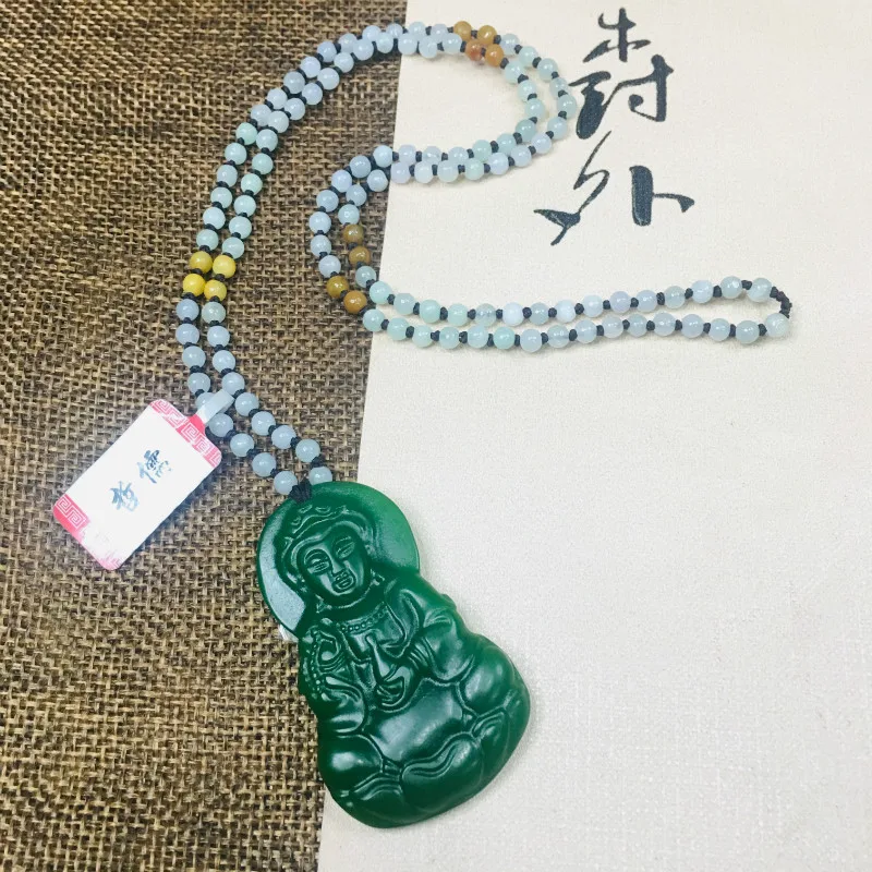 

Zheru Jewelry Pure Natural Jasper Carved Guanyin Pendant Three-color jadeite jade necklace Send A-level certificate