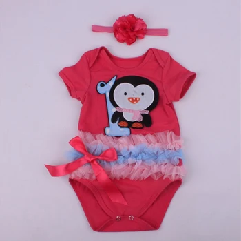 

2PC per Set Baby Girl Clothes Red Lave Infant Romper Numver One Bird Outfit Flower Headband for 0-24months