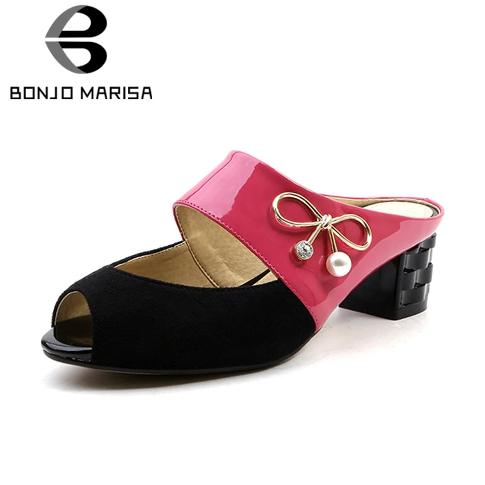 

BONJOMARISA Summer Slipper 2018 High Quality Woman Slipper Shoes Woman Spring Chunky Heel Peep Toe Summer Shoes Woman