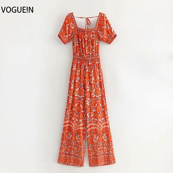 

VOGUEIN New Womens Ethnic Floral Print Short Sleeve Square Neck Jumpsuit Playsuit 3 Colors Wholesale