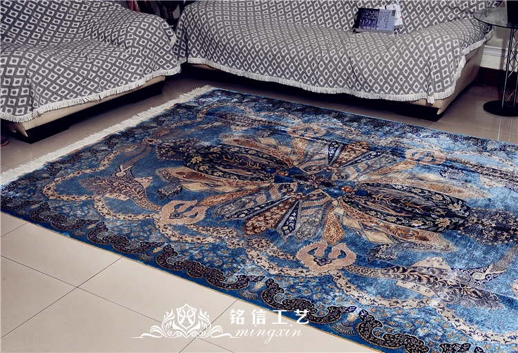 6,56 'x9. 84 'Шелковый ковер ручной работы семейный номер Турция синий шелковый ковер для гостиной