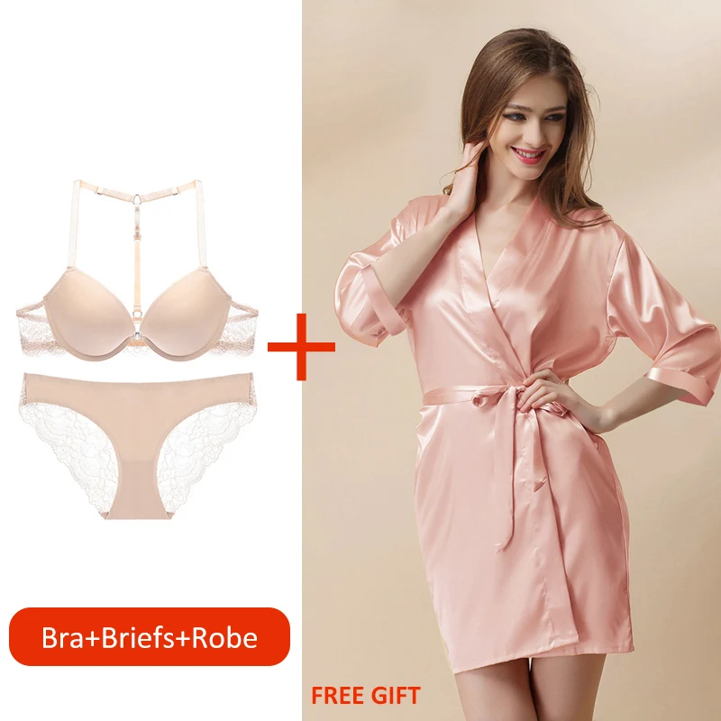 Buy 1 Get 1 Gift Robe Front Closure Bra Set Sexy Y-line Straps Push Up Bra Underwear Women Bra Panties Lingerie T-shape Back
