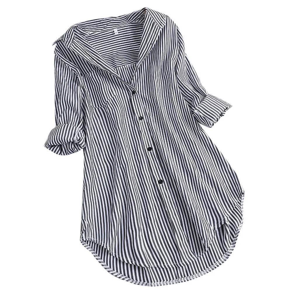 Модные женские топы и блузки 5xl женские шикарные полосатые рубашки с длинным рукавом и отложным воротником на пуговицах для офисных леди Свободная блузка - Цвет: Черный