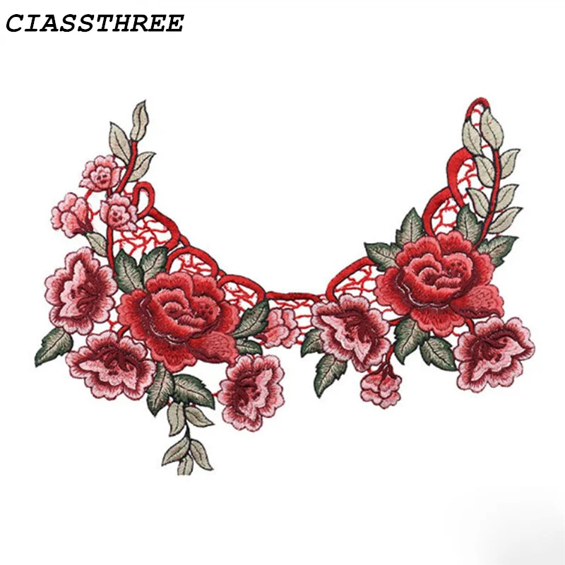 Fabric Flower Embroidered Neckline Red Rose Blossom Applique Embroidery Patch
