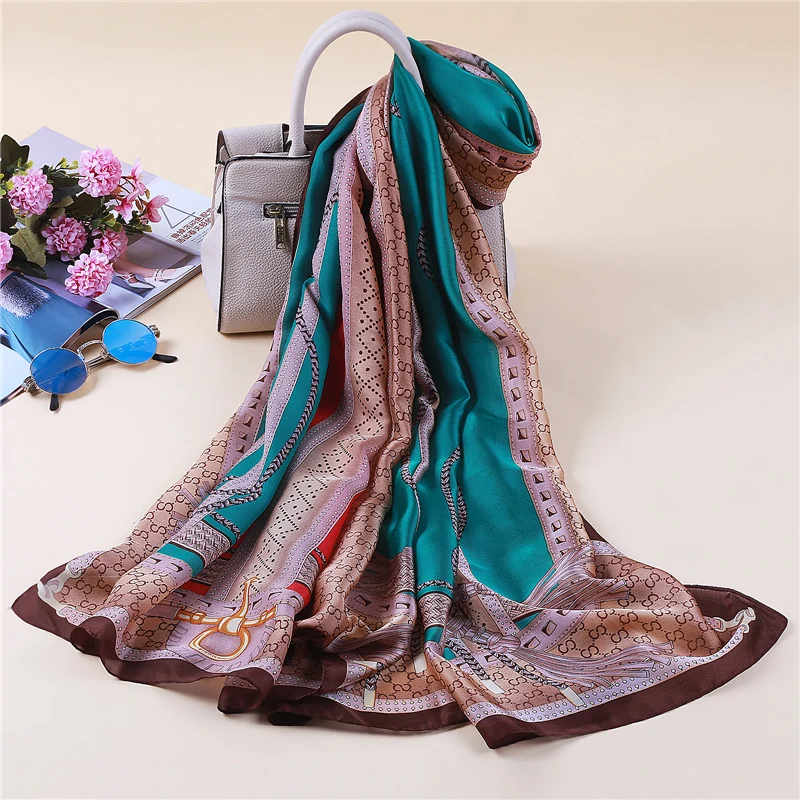 Женский шелковый шарф роскошный дизайнерский женский платок хиджаб летние пляжные шарфы женские пашмины шаль Бандана Шарфы - Цвет: c33