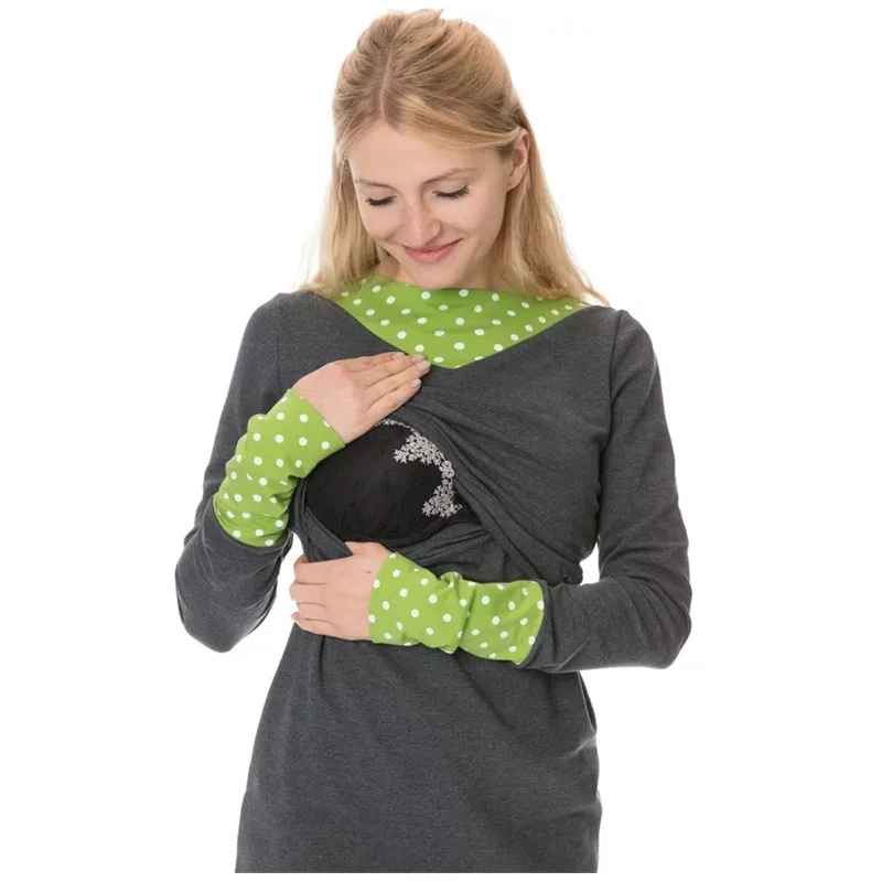 Maternity Lactation Dress Pregnant Breastfeeding Sweater Dress Nursing Suit-dress Spelling Color Long Sleeve Pregnancy Clothes 
