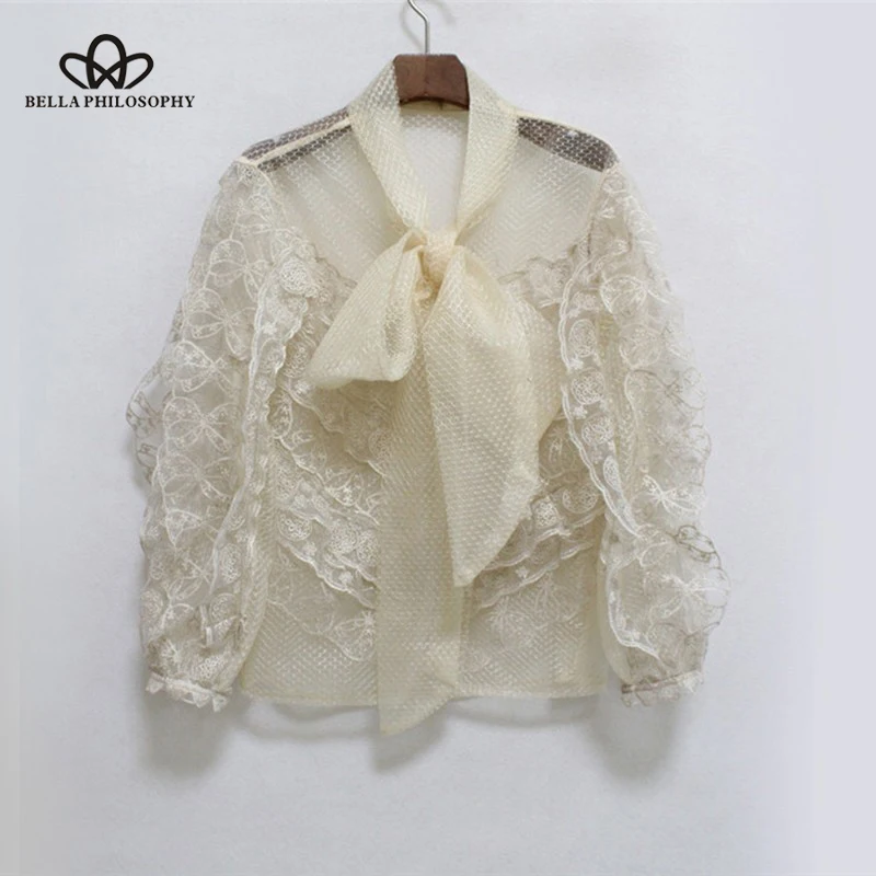 Wonder 2019 new spring Women Blouse Bowknot Long Sleeve Ruffles Perspective Shirt Female Elegant 2019 Spring Fashion New