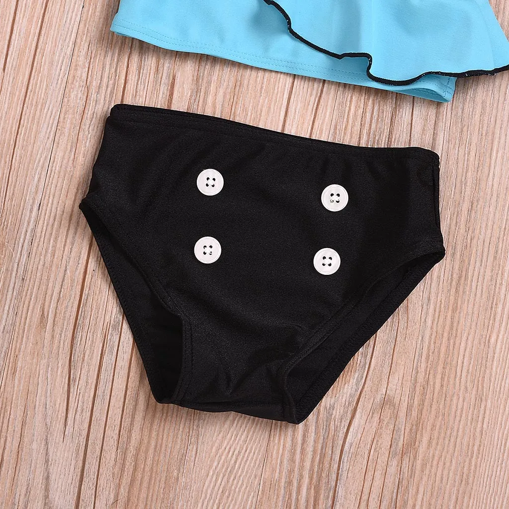 Summer Kids Baby Girls Solid Print Ruffles Swimwear Swimsuit Bikini Outfits(Blue