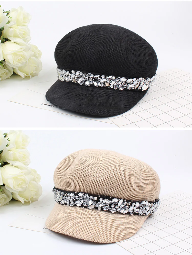 Hot Sale 2018 South Korea Style Hat Cotton Yarn Rhinestone Beret Fashion Lady Outdoor Leisure Hat  ACD04 (12)