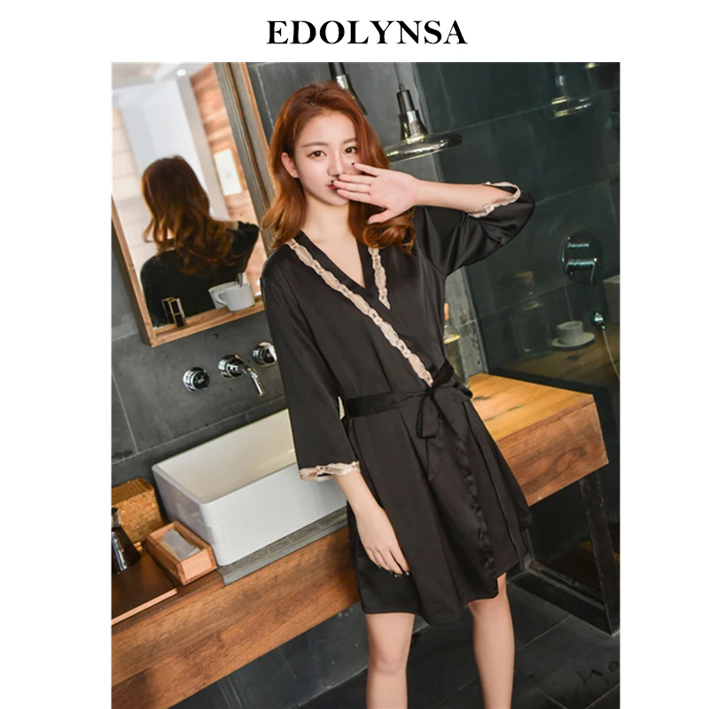 

2019 sexy women's robe & gown sets twinset bathrobe + mini night dress two pieces sleepwear womens sleep set faux silk H856