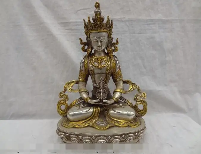 

S3994 12" Tibet Silver Gilt Buddhism Joss Bronze Amitayus Buddha Statue Sculpture