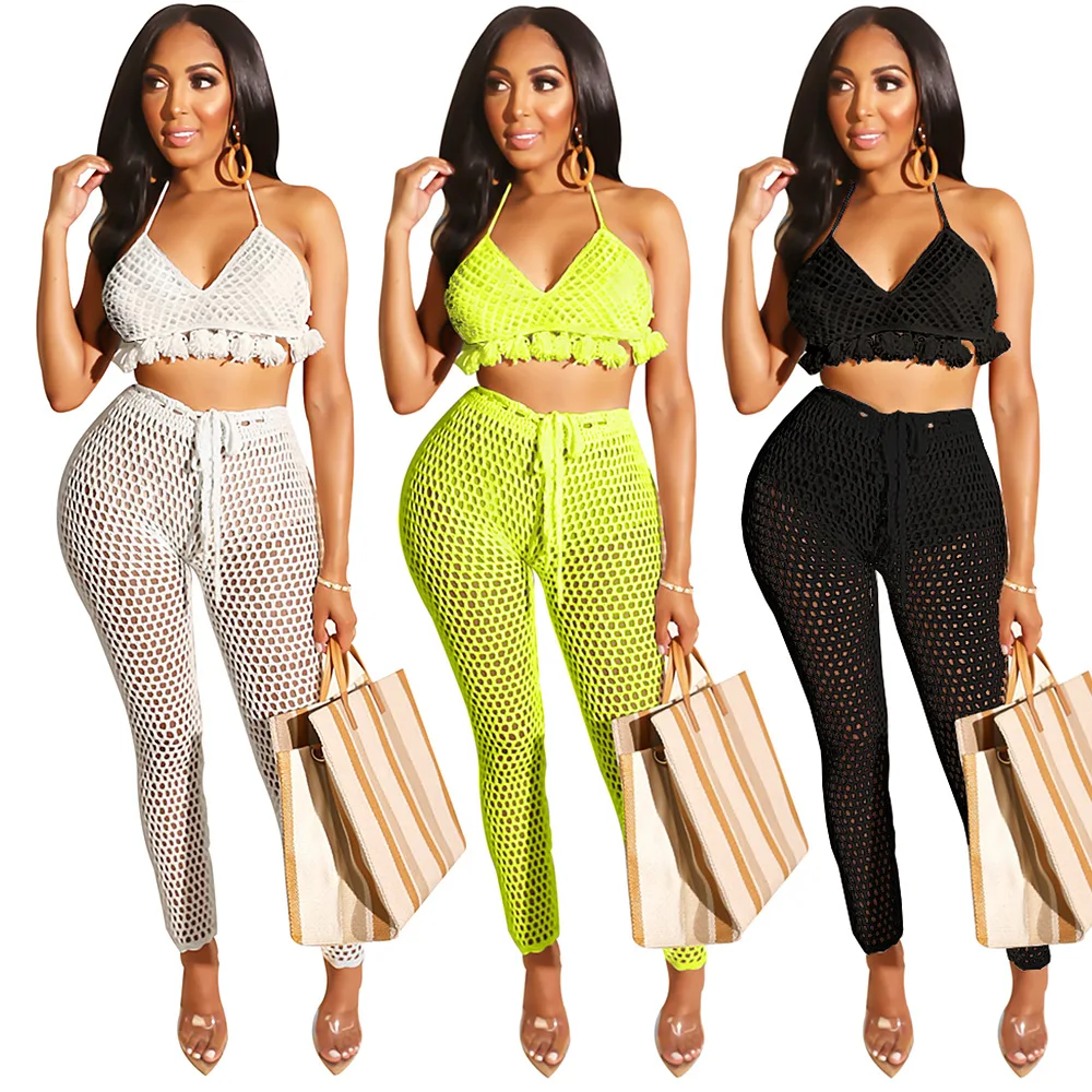 

2019 summer fish net mesh beach cover ups sexy women tassel top+long pants bikini swimsuit bathing suit cover up beachwear