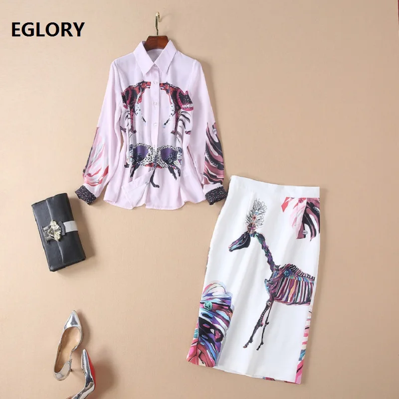 

High Quality Designer Clothes Suit 2019 Spring Summer Skirt Set Women Abstract Print Blouse+Mid-Calf Length Pencil Skirt Suits