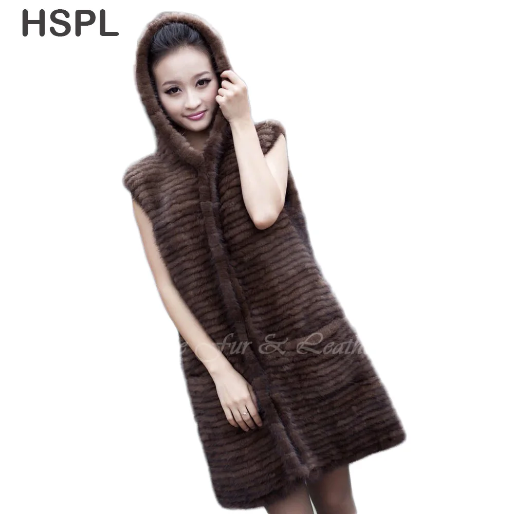 

CDV178 2013 Mink Knitted Fur Coat Medium-Long Fight Mink Fur Coat Hooded Outerwear Vest