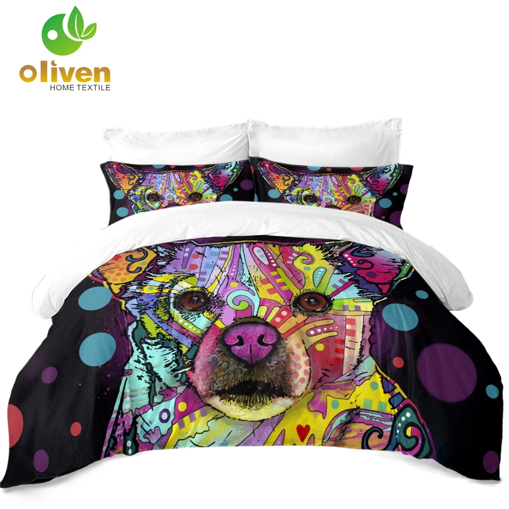 

Watercolor Dog Bedding Set Colorful Artistic Animal Printed Duvet Cover Set King Queen Bedding Cover Pillowcase D30