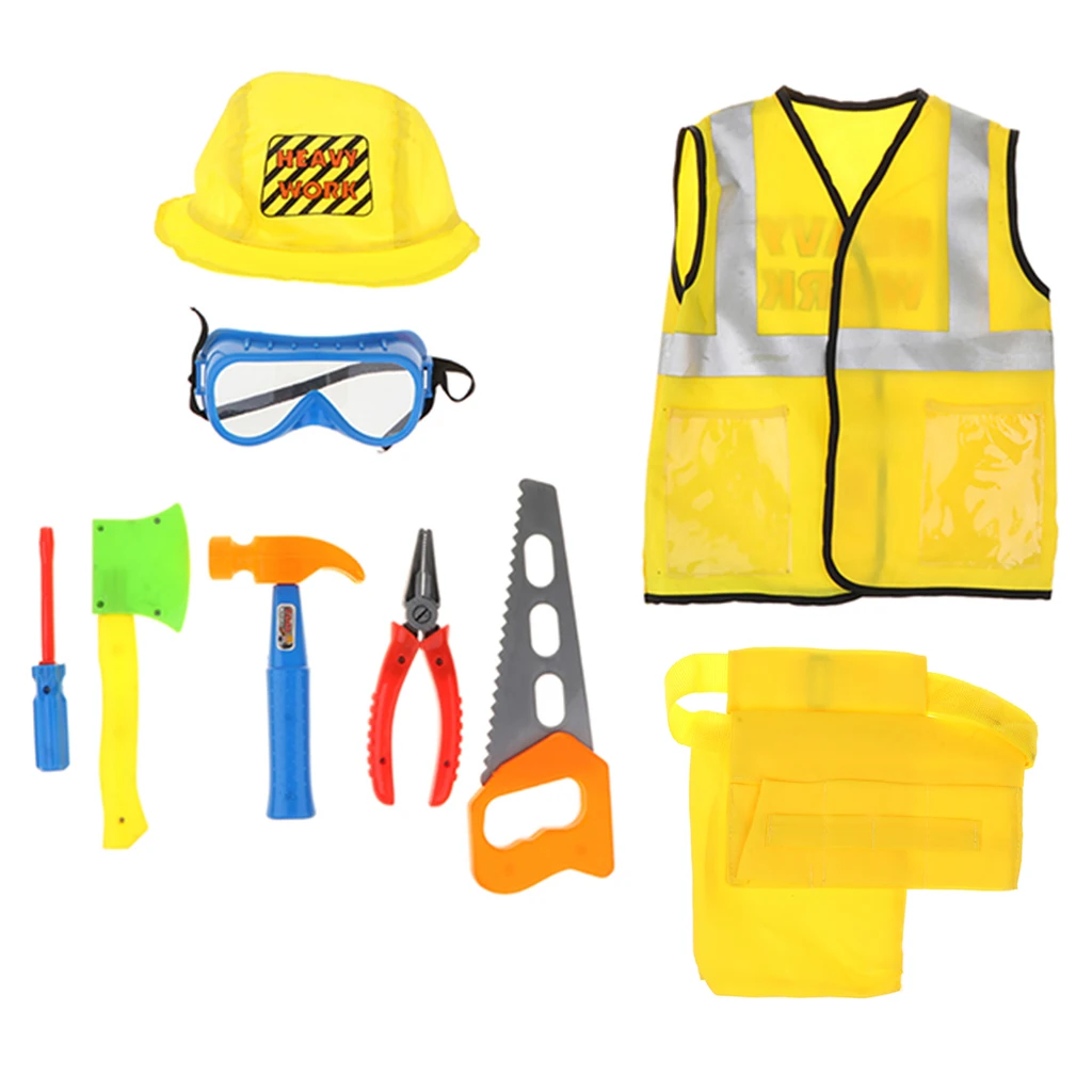 Kid Construction Worker Role Play Costume Tools Kits Fancy Dress 9 Pieces