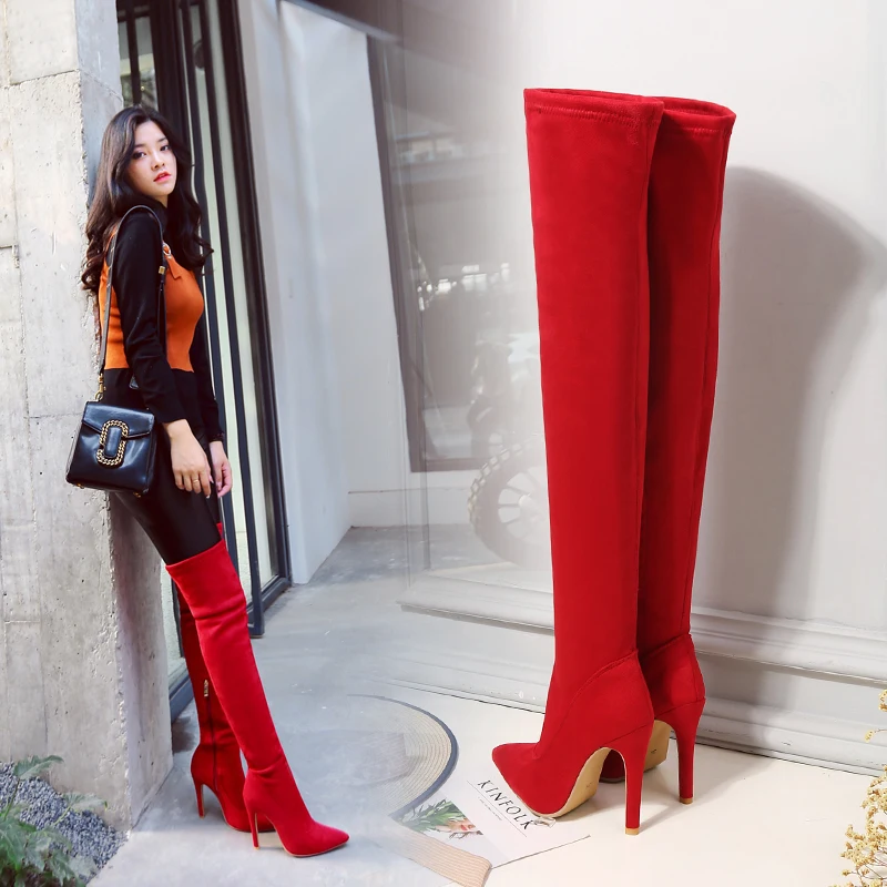 Женские ботфорты выше колена на высоком каблуке 11 см, большие размеры 31-43 пикантные сапоги высотой 58 см высокие туфли-лодочки г. Коричневые, красные туфли