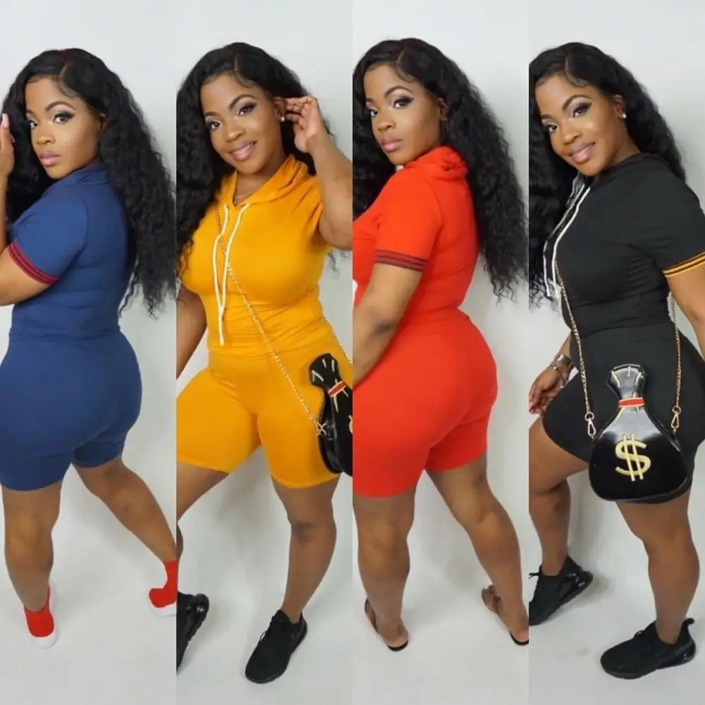 

2019 Casual Women Tracksuits Short Sleeve Hoodie Short Pants Two Pieces Women Set Solid Pattern 2 Pieces Set Skinny Pants Sets