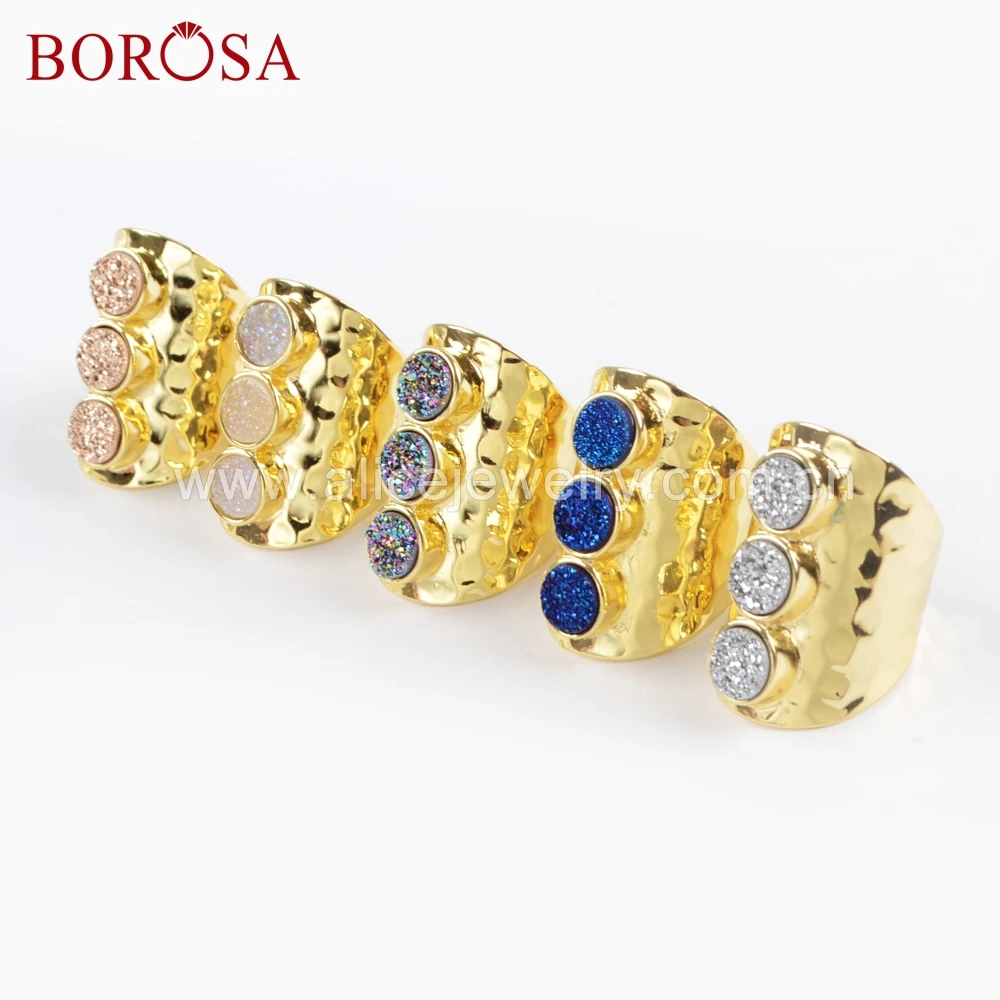 

BOROSA 5PCS Gold Color Bezel Three Round Titanium Rainbow Druzy Band Ring with 3 Drusy Beads Rings for Wholesale ZG0365