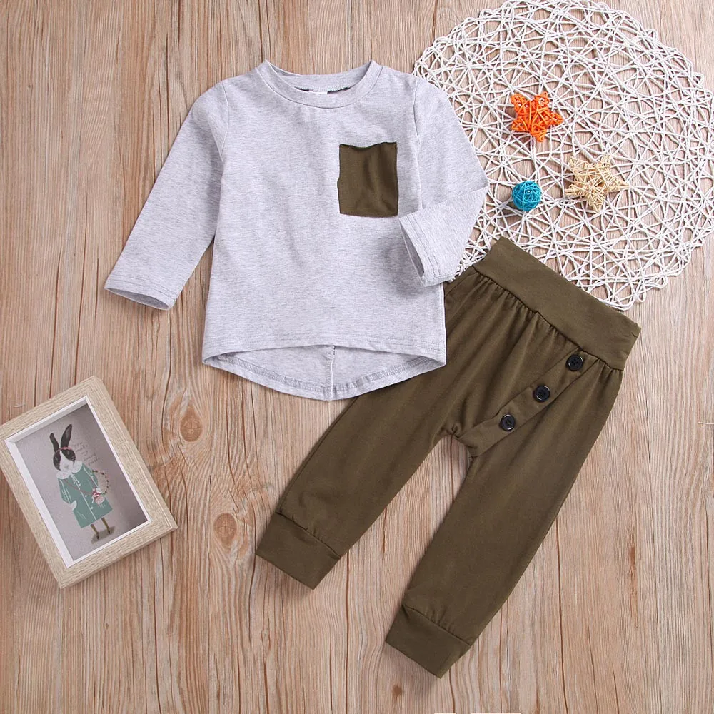 

2PCS Toddler Boys Kids Clothes O-neck Long Sleeve With Pocket Pullover top+Solid Pants Clothing Children's pajamas Outfits Set