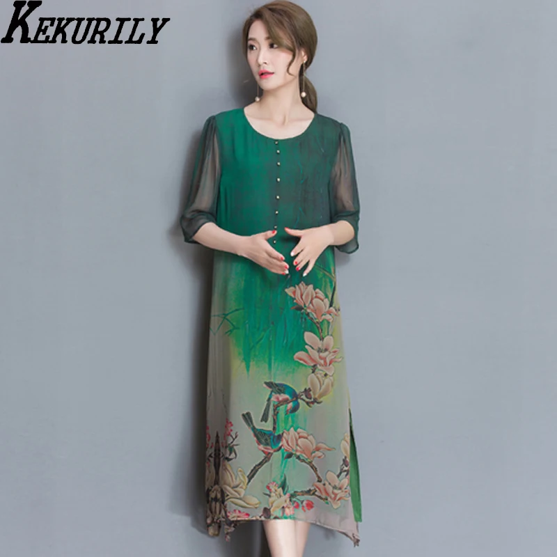 

KEKURILY women silk party dress elegant vintage midi dresses female plus size 3xl Chinese style retro floral large clothing