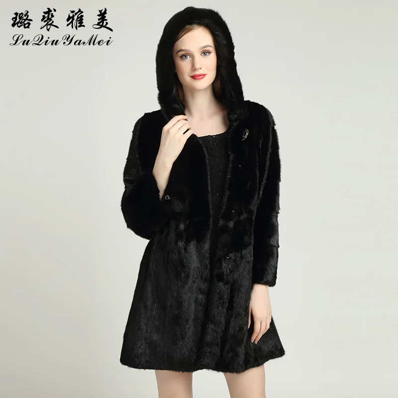 Luxury Skirt Shape Mink Coat with A Hood Customized Real Fur Coat Mink