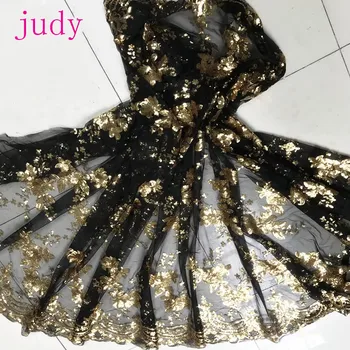 

stock 5yards/bag XX12# Embroidered sequins, black mesh and gold floral fabrics are used for wedding dress stage parties