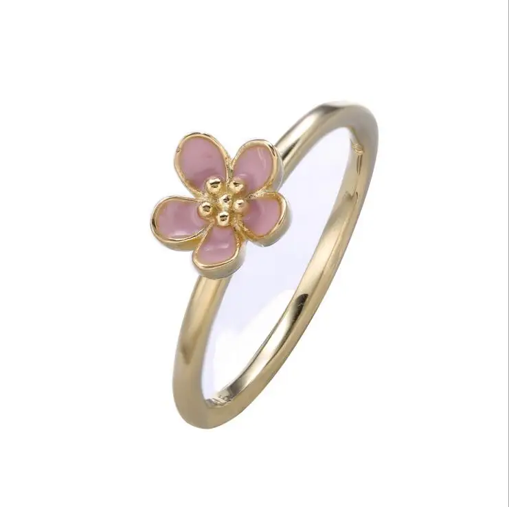 

Authentic 925 Sterling Silver Pink Enamel Cherry blossoms Golden Charm ring Europe and America fashion female Jewelry accessorie