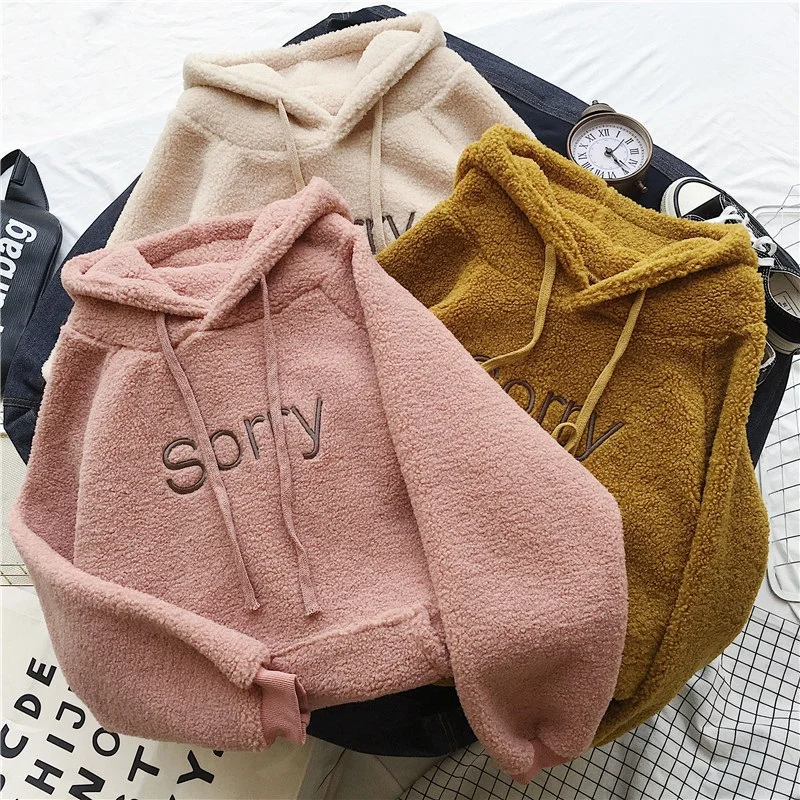 

Winter new Korean ulzzan fashion letter embroidery casual ins Harajuku loose long-sleeved women Solid color hooded sweatshirt