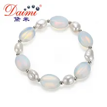 DMBFP082 9-10mm pulsera de moda barroca perla y piedra lunar pulsera elástica perla blanca Natural precio al por mayor(China)