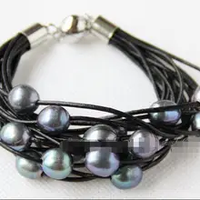 Цена 16new^^ 15 прядей натуральный черный жемчуг черный кожаный магнитный браслет e2365