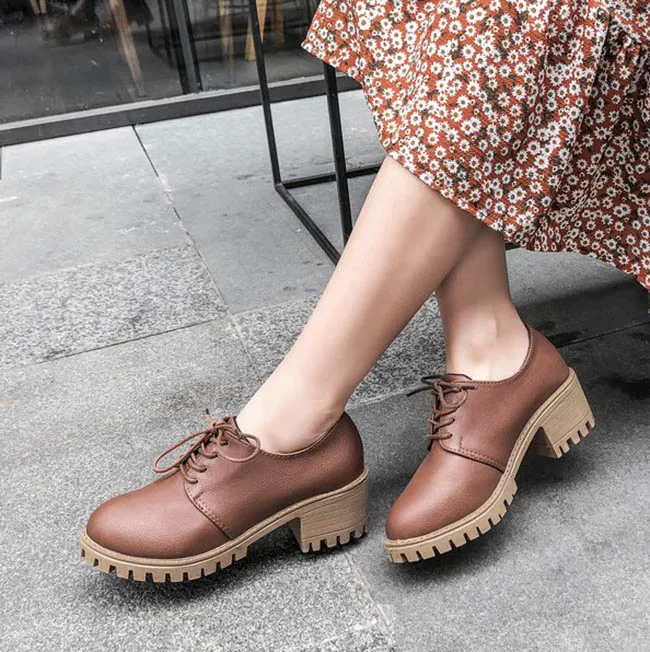 

LIHUAMAO women block heel shoes lace up round toe platform ladies dress shoes party office career outdoor walking shoes