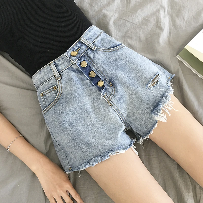 

Elegant Ripped Hem Denim Shorts 2019 New Summer Mid Waist Zipper Fly Casual Woman Bottoms Straight Leg Loose Shorts Jeans