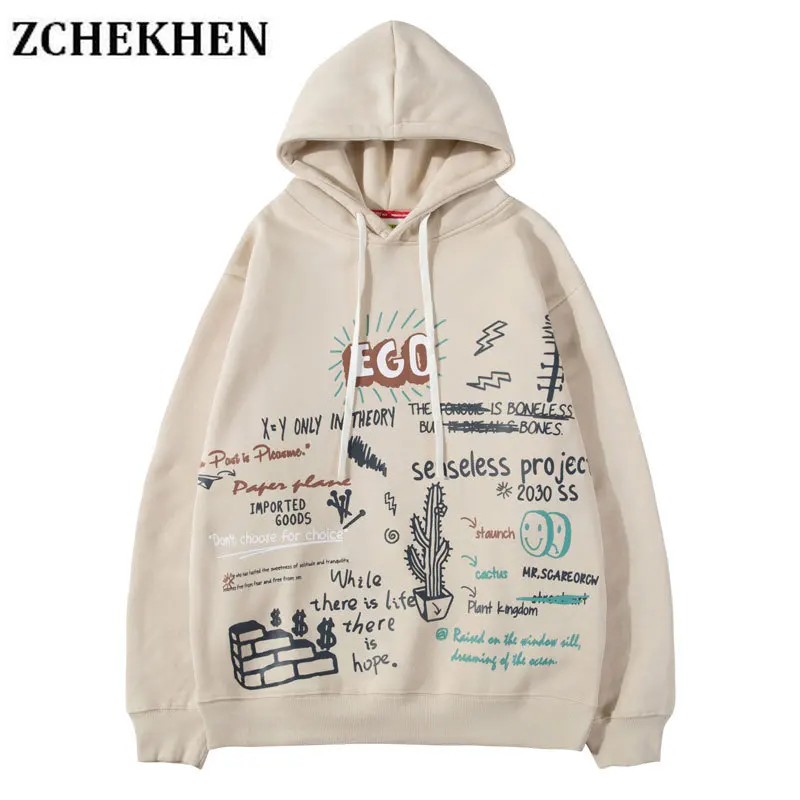 

Harajuku Hip Hop Ego Cactus Graffiti Print Fleece Hooded Hoodies Pullover Sweatshirt Streetwear Men Fashion Casual Tops