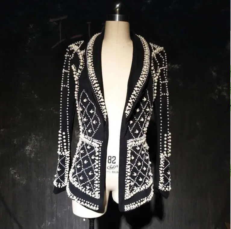 2016 Autumn And Winter Fashion Suit Jacket Handmade Crystals Beads Pearl Slim Fit Female Rhinestone Blazer Outerwear Clothes