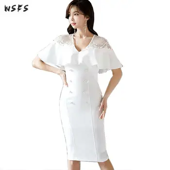 

Summer White Dress Vneck Cloak Sleeve Womens Dresses Ladies Elegant Bandage Bodycon Vintage Sexy Party Midi Pencil Wrap Dress