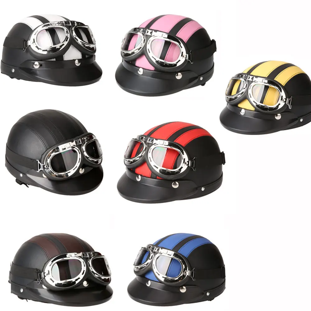 

Harley Motorcycle Helmet Bike Bicycle Helmet Scooter Open Face Half Leather Helmet with Visor UV Goggles Retro Vintage Style