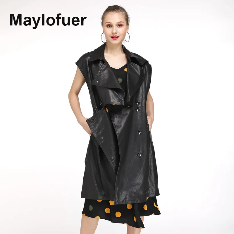 Maylofuer New Long Genuine Leather Jacket Women Real Leather Vest with Belt Fashion Coats